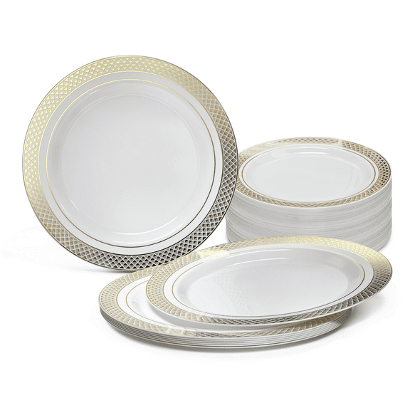 " OCCASIONS " 240 Plates Pack, Heavyweight Disposable Wedding Party Plastic Plates (6.25'' Dessert/Bread Plate, Celebration in White & Gold)