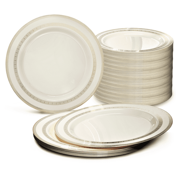 " OCCASIONS " 240 Plates Pack, Heavyweight Disposable Wedding Party Plastic Plates (6.25'' Dessert/Bread Plate, Lace Lace in Ivory & Gold)