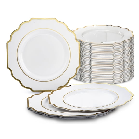 " OCCASIONS " 240 Plates Pack, Heavyweight Disposable Wedding Party Plastic Plates (8'' Appetizer/Dessert PlateImperial in white & Gold)