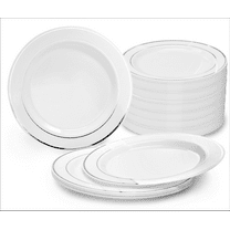 " OCCASIONS" 240 Plates Pack, Heavyweight Wedding Party Disposable Plastic Plates (10.5'' Dinner Plates, White & Silver Rim)
