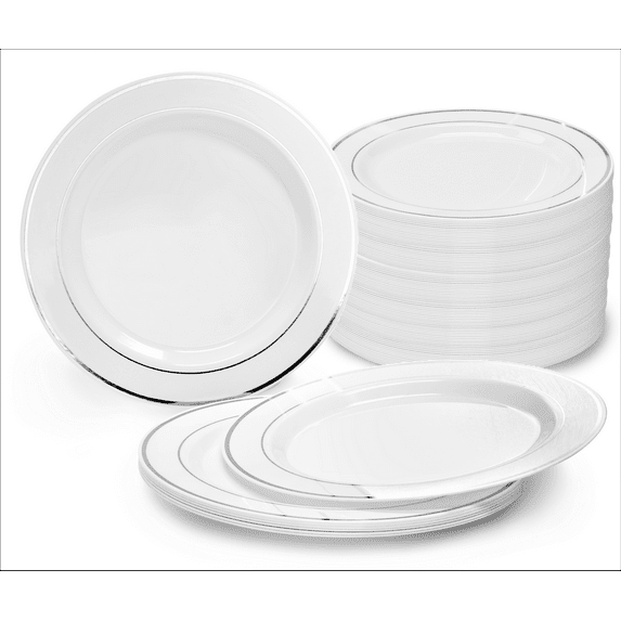 " OCCASIONS" 240 Plates Pack, Heavyweight Wedding Party Disposable Plastic Plates (10.5'' Dinner Plates, White & Silver Rim)