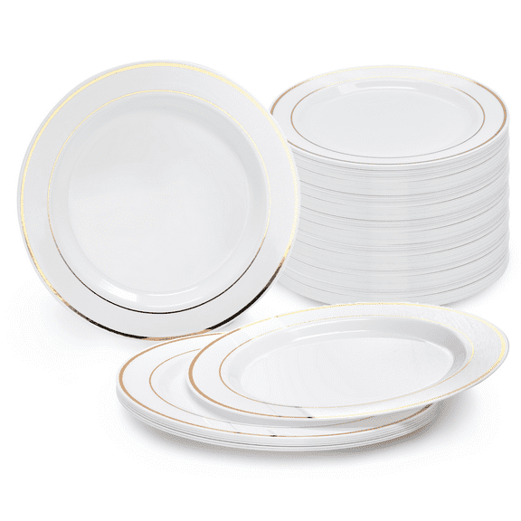 " OCCASIONS" 240 Plates Pack, Heavyweight Wedding Party Disposable Plastic Plates (7.5'' Appetizer /Dessert plates, White & Gold Rim)