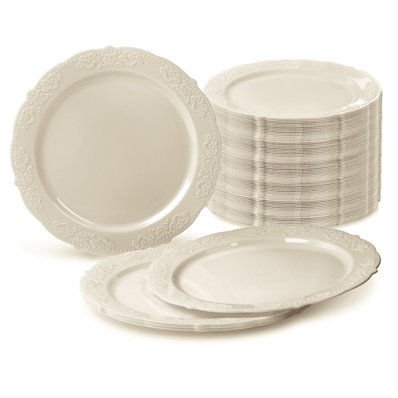 " OCCASIONS " 240 Plates Pack, Vintage Party, Disposable Wedding Party Plastic Plates (10.25'' Dinner Plate, Portofino in Ivory)