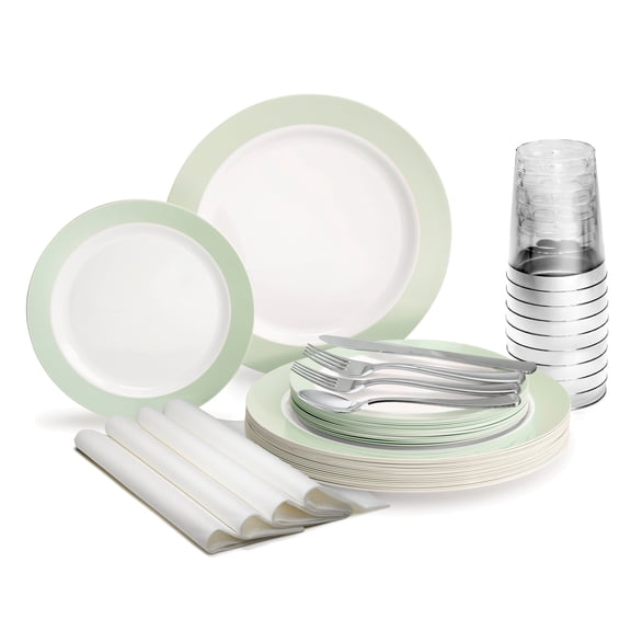 " OCCASIONS " 320 Pcs set (40 Guests)-Wedding Disposable Plastic Plates & cutlery - 40 x 10.25'' + 40 x 7.5'' + Silverware + Cups + Napkins (Rio in White & Pearled Green)