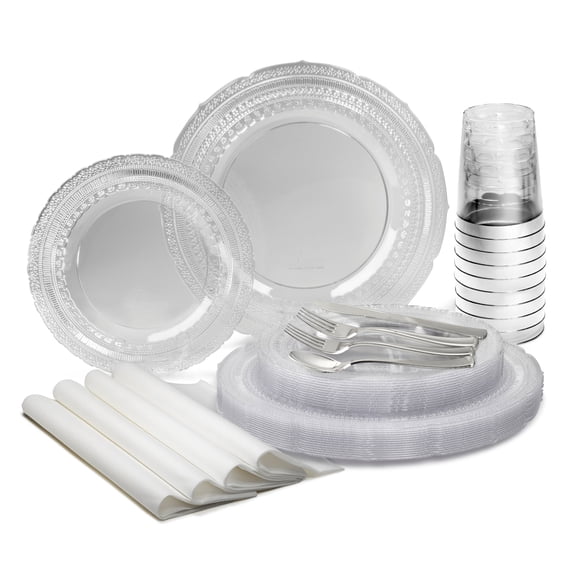 " OCCASIONS " 320pcs set (40 Guests) Extra Heavyweight Vintage Wedding Disposable / Reusable Plastic Plates (40 x 11'' + 40 x 7'')+Silverware+Cups+Napkins (Chateau Collection Clear)
