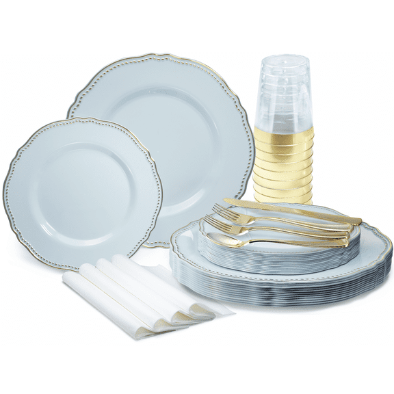 " OCCASIONS " 320pcs set (40 Guests)-Heavyweight Wedding Party Disposable Plastic Plate Set -40 x 10.25'' + 40 x 7.5'' + Silverware + Cups + Napkins (Rochelle Blue and Gold)