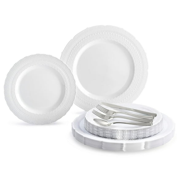 OCCASIONS 360 Pcs set (60 guest) - Extra Heavyweight Vintage Wedding Party Disposable Plastic Plates + Silverware (Double Fork) (Chateau in White, Silver Silverware)