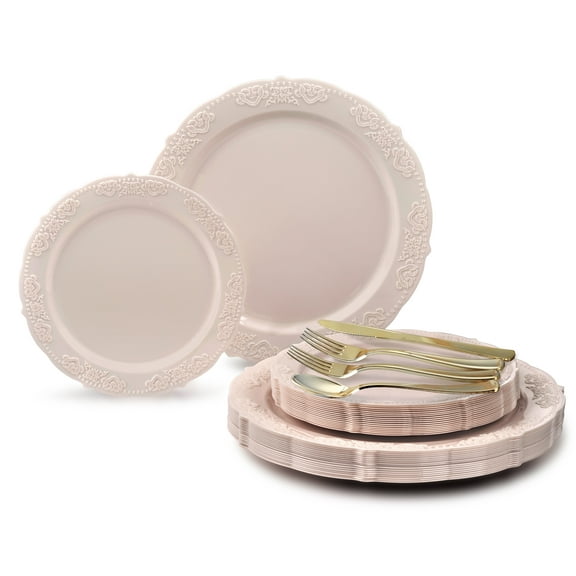 OCCASIONS 360 Pcs set (60 guest) Wedding Disposable Plastic Plate and Silverware Combo 10.25" + 7.5" + Silverware (Double Fork) (Portofino Light Pink, Gold Silverware)