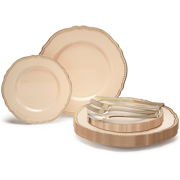 " OCCASIONS " 360 Pcs set (60 guest) Wedding Disposable Plastic Plate and Silverware Combo 10.25" + 7.5" + Silverware (Double Fork) (Rochelle Antique Rose & Gold, Gold silverware)