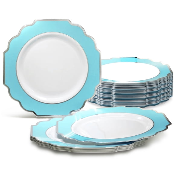 " OCCASIONS " 60 Pieces Pack, Heavyweight Disposable Wedding Party Plastic Plates (10.5'' Dinner Plate, Imperial Aqua & Silver)
