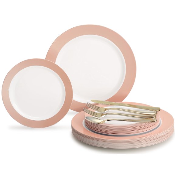 OCCASIONS 360 Pcs set (60 guest) Wedding Disposable Plastic Plate and Silverware Combo 10.5" + 7.5" + Silverware (Double Fork) (Rio in White & Pearled Blush Pink)