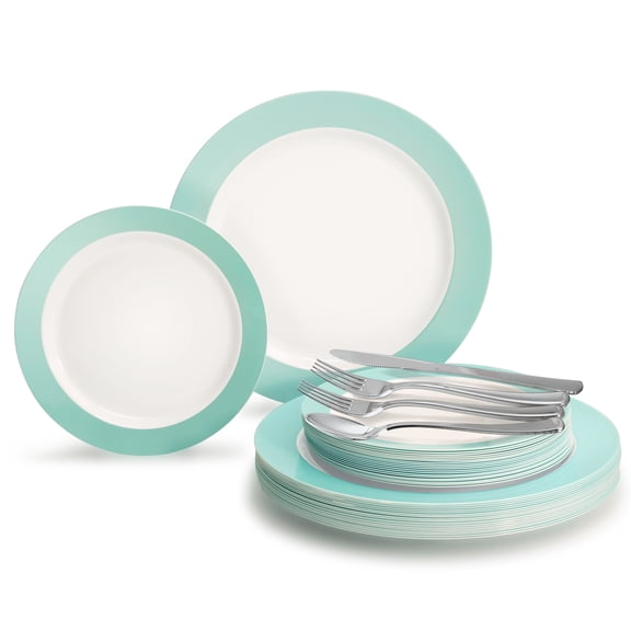 " OCCASIONS " 360 Pcs set (60 guest) Wedding Disposable Plastic Plate and Silverware Combo 10.5" + 7.5" + Silverware (Double Fork) (Rio in White & Pearled Turquoise)