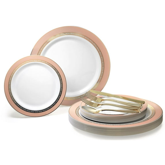 OCCASIONS 360 Pcs set (60 guest) Wedding Disposable Plastic Plate and Silverware Combo 10.5" + 7.5" + Silverware (Double Fork) (Ritz in White / Blush & Gold, Gold Silverware)