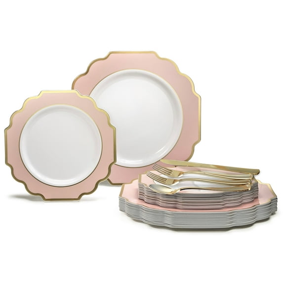 OCCASIONS 360 Pcs set (60 guest) Wedding Disposable Plastic Plate and Silverware Combo 10.5" + 8" + Silverware (Double Fork) (Imperial in Blush/Pink & Gold Rim, Gold Silverware)