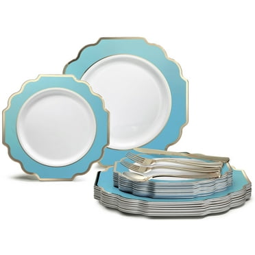 OCCASIONS 360 Pcs set (60 guest) Wedding Disposable Plastic Plate and Silverware Combo 10.5" + 8" + Silverware (Double Fork) (Imperial in White / Aqua & Gold Rim, Gold Silverware)