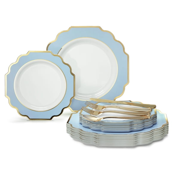 OCCASIONS 360 Pcs set (60 guest) Wedding Disposable Plastic Plate and Silverware Combo 10.5" + 8" + Silverware (Double Fork) (Imperial in White / Blue & Gold Rim, Gold Silverware)