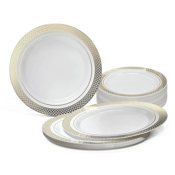 " OCCASIONS " 40 Piece Plates Pack, Heavyweight Disposable Wedding Party Plastic Bowls (14oz Soup Bowl, Celebration White & Gold)