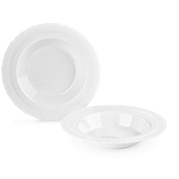 " OCCASIONS " 40 Pieces Plates Pack, Extra Heavyweight Vintage Wedding Party Disposable Plastic Bowls (14 oz Soup Bowl, Chateau in White)