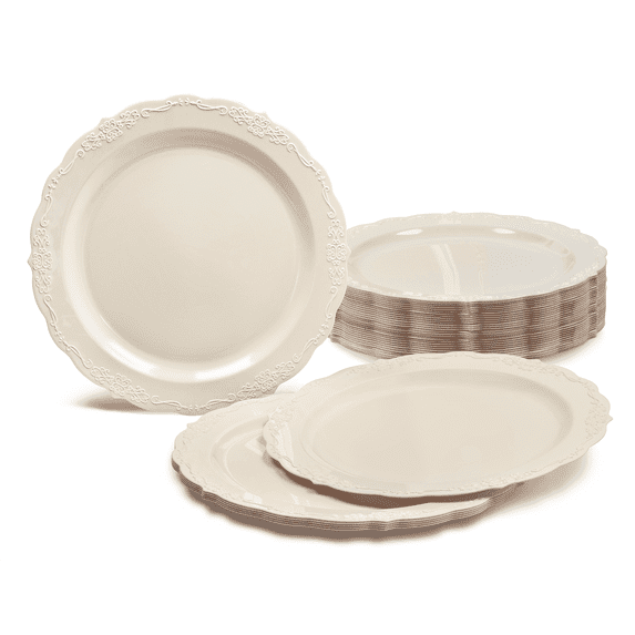 " OCCASIONS " 40 Plates Pack, Disposable Vintage Wedding Party Plastic Plates (10'' Dinner Plate, Verona in Ivory)