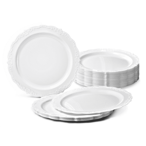 " OCCASIONS " 40 Plates Pack, Disposable Vintage Wedding Party Plastic Plates (10'' Dinner Plate, Verona in White)