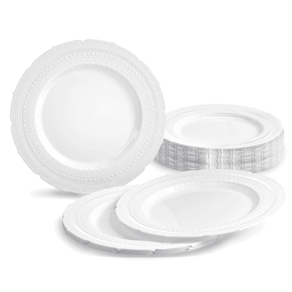 " OCCASIONS " 40 Plates Pack, Extra Heavyweight Vintage Wedding Party Disposable Plastic Plates (11'' Dinner Plate, Chateau in White)