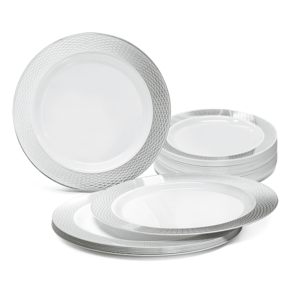 " OCCASIONS " 40 Plates Pack, Heavyweight Disposable Wedding Party Plastic Plates (10.5'' Dinner Plate, Diamond White & Silver)