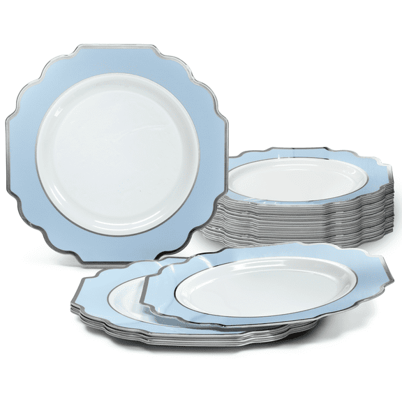 " OCCASIONS " 40 Pieces Pack, Heavyweight Disposable Wedding Party Plastic Plates (10.5'' Dinner Plate, Imperial Blue & Silver)