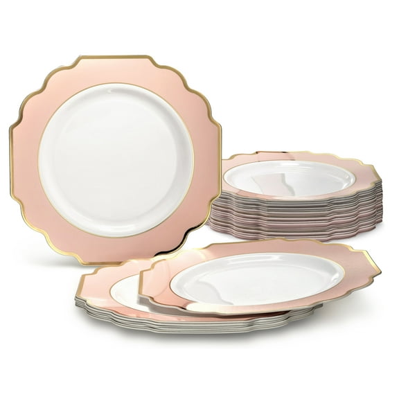 " OCCASIONS " 40 Plates Pack, Heavyweight Disposable Wedding Party Plastic Plates (10.5'' Dinner Plate, Imperial in White / Blush & Gold)