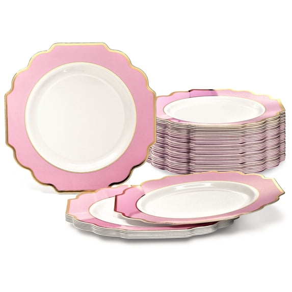 " OCCASIONS " 40 Pieces Pack, Heavyweight Disposable Wedding Party Plastic Plates (10.5'' Dinner Plate, Imperial Light Pink & Gold)