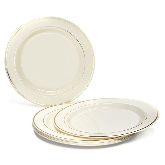 " OCCASIONS" 40 Plates Pack, Heavyweight Disposable Wedding Party Plastic Plates (10.5'' Dinner Plate, Ivory & Gold Rim)