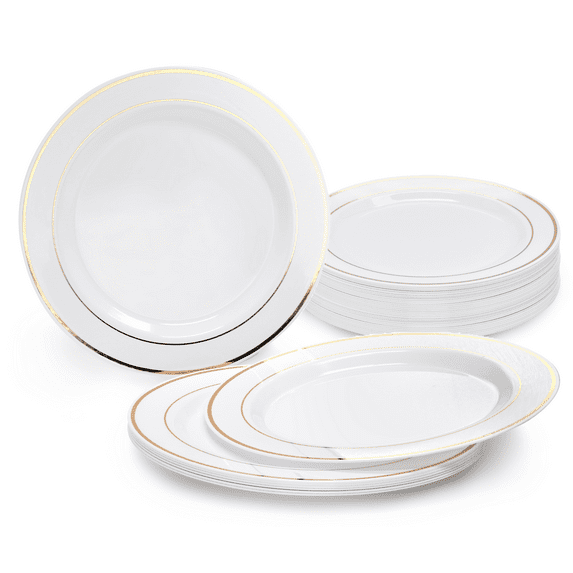 " OCCASIONS" 40 Plates Pack, Heavyweight Disposable Wedding Party Plastic Plates (6.25'' Dessert/Bread Plate, White & Gold Rim)