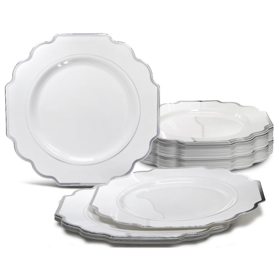 " OCCASIONS " 40 Pieces Pack, Heavyweight Disposable Wedding Party Plastic Plates (6.5'' Cake/Dessert Plate, Imperial White & Silver)