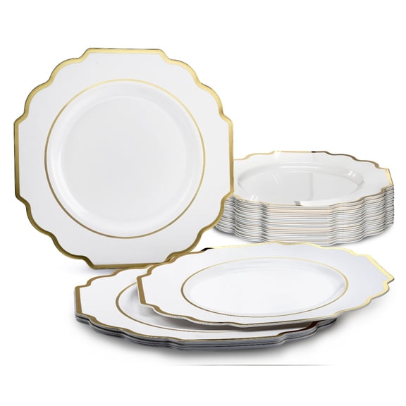 " OCCASIONS " 40 Pieces Pack, Heavyweight Disposable Wedding Party Plastic Plates (6.5'' Cake/Dessert Plate, Imperial White & Gold)