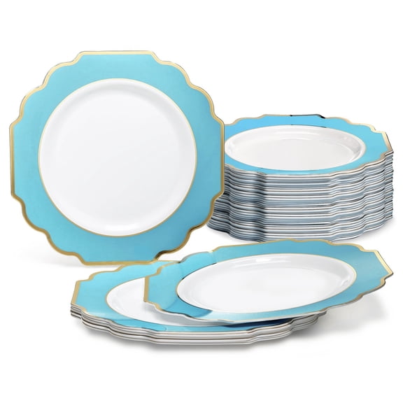 " OCCASIONS " 40 Pieces Pack, Heavyweight Disposable Wedding Party Plastic Plates (8'' Appetizer/Dessert Plate, Imperial Aqua & Gold)