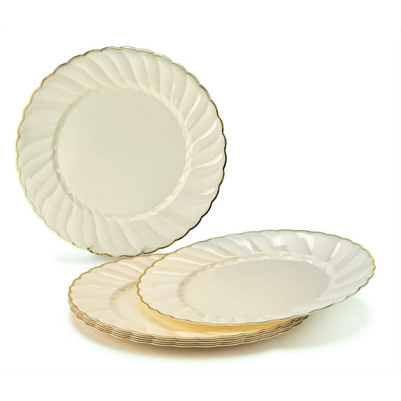 " OCCASIONS " 40 Plates Pack, Heavyweight Wedding Disposable Plastic Plates (7.5'' Appetizer/Dessert Plate, Blossom Ivory & Gold)