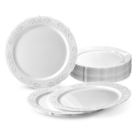 " OCCASIONS " 40 Plates Pack, Vintage Party, Disposable Wedding Party Plastic Plates (10.25'' Dinner Plate, Portofino in White)