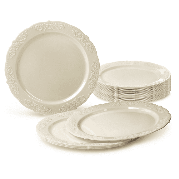 " OCCASIONS " 40 Plates Pack, Vintage Party, Disposable Wedding Party Plastic Plates (7.5'' Appetizer/Dessert Plate, Portofino in Ivory)