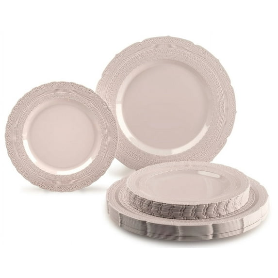 " OCCASIONS " 50 Plates Pack (25 Guests)-Extra Heavyweight Vintage Wedding Disposable / Reusable Plastic Plates 25 x 11'' Dinner + 25 x 8.25'' Salad / Dessert (Chateau Blush Pink)