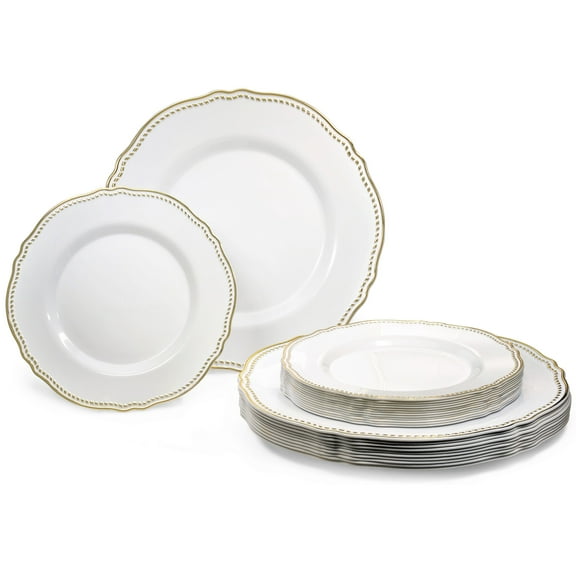 " OCCASIONS " 50 Plates Pack (25 Guests)-Heavyweight Wedding Party Disposable Plastic Plate Set -25 x 10.25'' Dinner + 25 x 7.5'' Salad /dessert plates (Rochelle White and Gold)