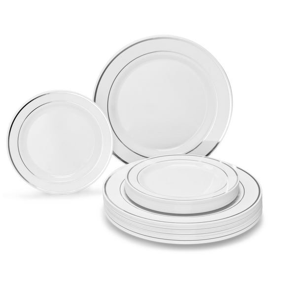 " OCCASIONS " 50 Plates Pack (25 Guests)-Heavyweight Wedding Party Disposable Plastic Plate Set -25 x 10.5'' Dinner + 25 x 7.5'' Salad/Dessert plates (White & Silver Rim)