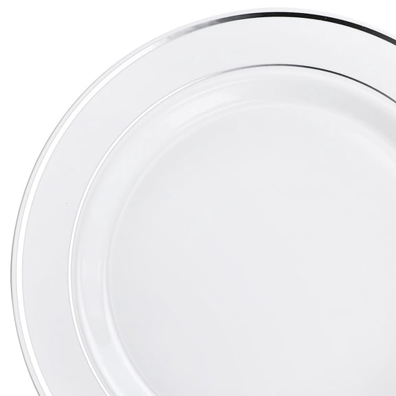 " OCCASIONS " 50 Plates Pack (25 Guests)-Heavyweight Wedding Party Disposable Plastic Plate Set -25 x 10.5'' Dinner + 25 x 7.5'' Salad/Dessert plates (White & Silver Rim)