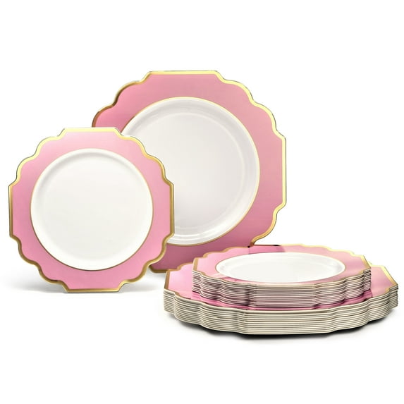" OCCASIONS " 50 Plates Pack (25 Guests)-Heavyweight Wedding Party Disposable Plastic Plate Set -(25x10.5'' Dinner + 25x8'' Salad/Dessert) (Imperial in Rose Pink & Gold)