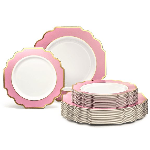 " OCCASIONS " 50 Plates Pack (25 Guests)-Heavyweight Wedding Party Disposable Plastic Plate Set -(25x10.5'' Dinner + 25x8'' Salad/Dessert) (Imperial in Rose Pink & Gold)