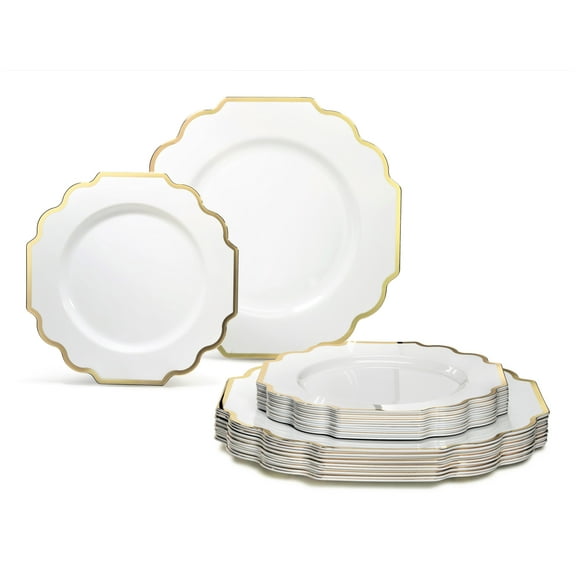 " OCCASIONS " 50 Plates Pack (25 Guests)-Heavyweight Wedding Party Disposable Plastic Plate Set -(25x10.5'' Dinner   25x8'' Salad/Dessert) (Imperial White & Gold)