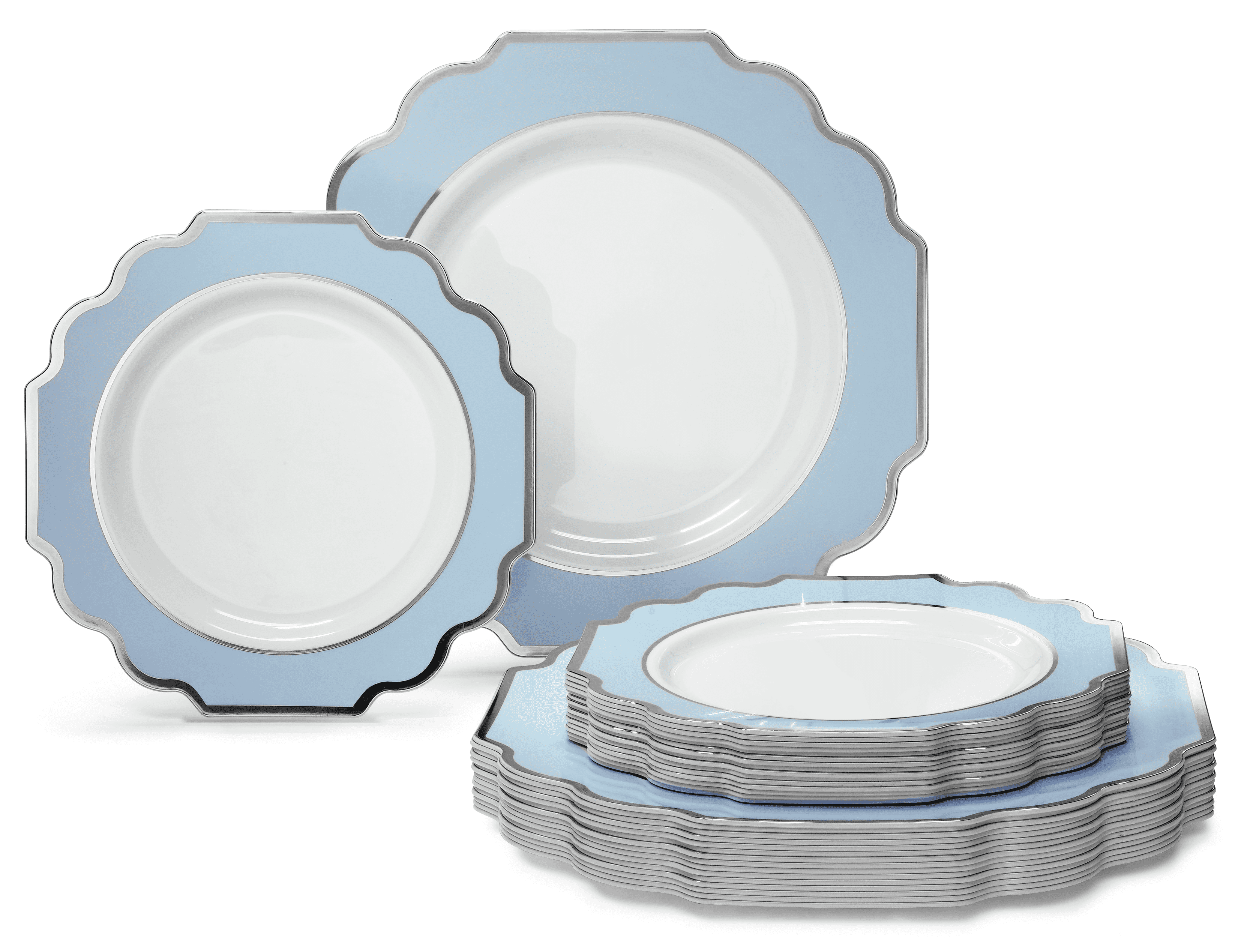 " OCCASIONS " 50 Plates Pack (25 Guests)-Heavyweight Wedding Party Disposable Plastic Plate Set -(25x10.5'' Dinner + 25x8'' Salad/dessert (Imperial in White/Baby Blue & Silver)