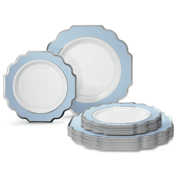 " OCCASIONS " 50 Plates Pack (25 Guests)-Heavyweight Wedding Party Disposable Plastic Plate Set -(25x10.5'' Dinner + 25x8'' Salad/dessert (Imperial in White/Baby Blue & Silver)
