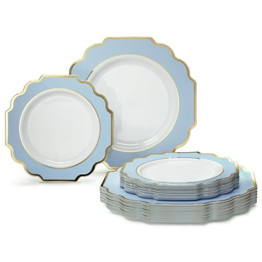 " OCCASIONS " 50 Plates Pack (25 Guests)-Heavyweight Wedding Party Disposable Plastic Plate Set -(25x10.5'' Dinner + 25x8'' Salad/dessert (Imperial in White/Blue & Gold)