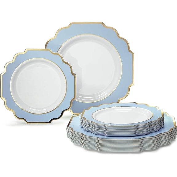 OCCASIONS 50 Plates Pack (25 Guests)-Heavyweight Wedding Party Disposable Plastic Plate Set -(25x10.5'' Dinner + 25x8'' Salad/dessert (Imperial in White/Blue & Gold)