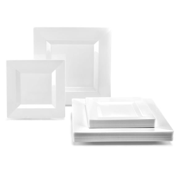 " OCCASIONS " 50 Plates Pack (25 Guests)-Heavyweight Wedding Party Square Disposable Plastic Plate Set -(25 x 9.5'' + 25 x 6.5'' (Square White)