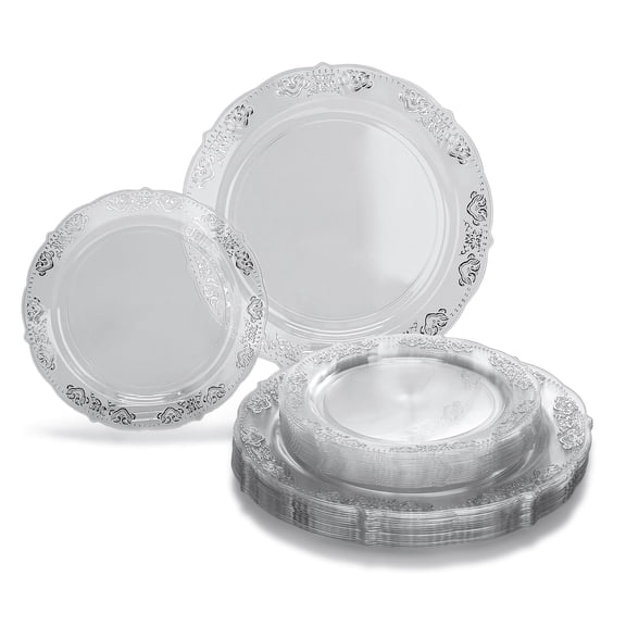 " OCCASIONS " 50 Plates Pack (25 Guests) Vintage Wedding Party Disposable Plastic Plate Set -25x10.25'' Dinner +25x7.5'' Salad/Dessert plates (Portofino Clear & Silver)